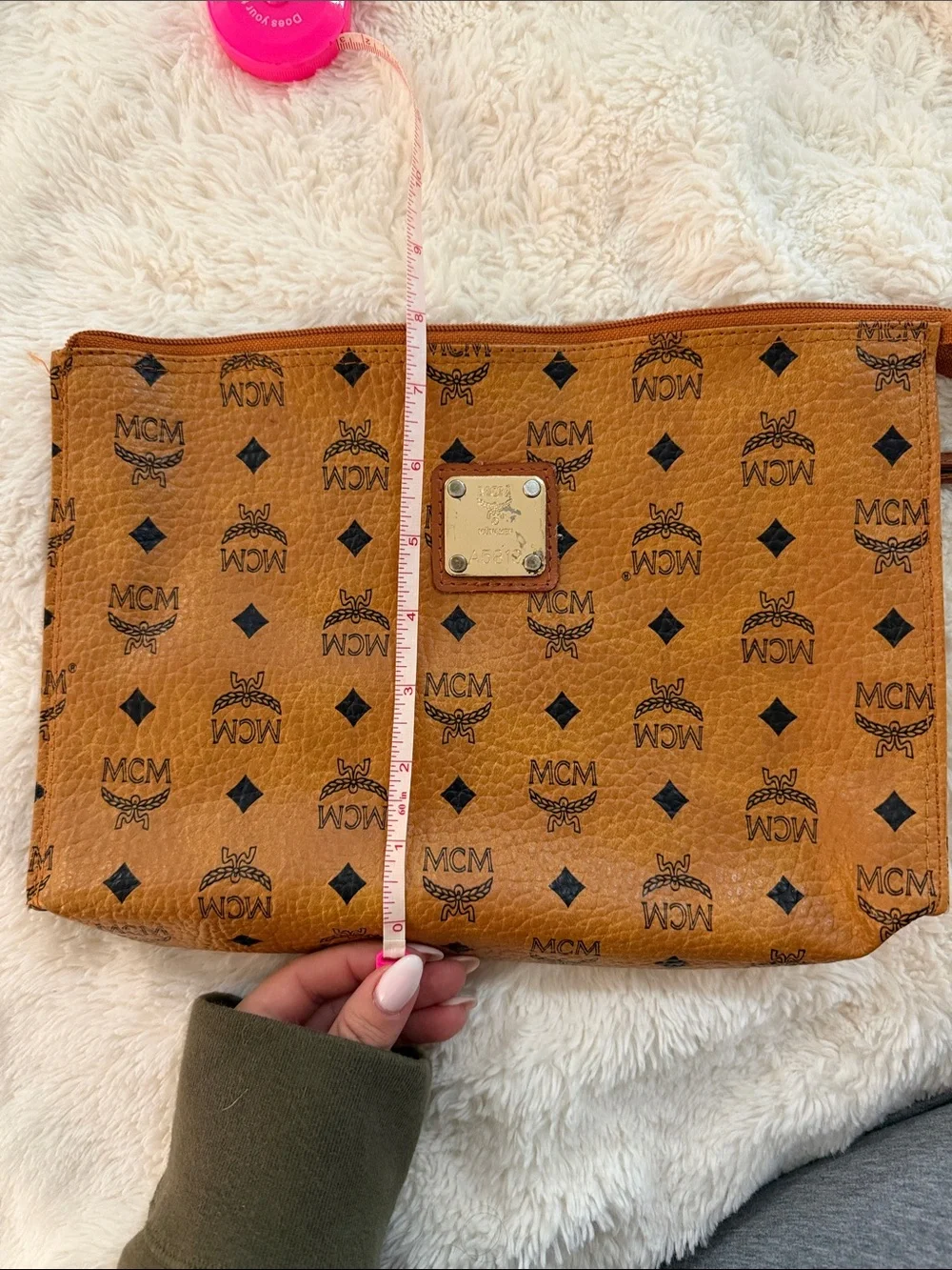 MCM Cognac Logo Zip Wristlet with Gold Plaque